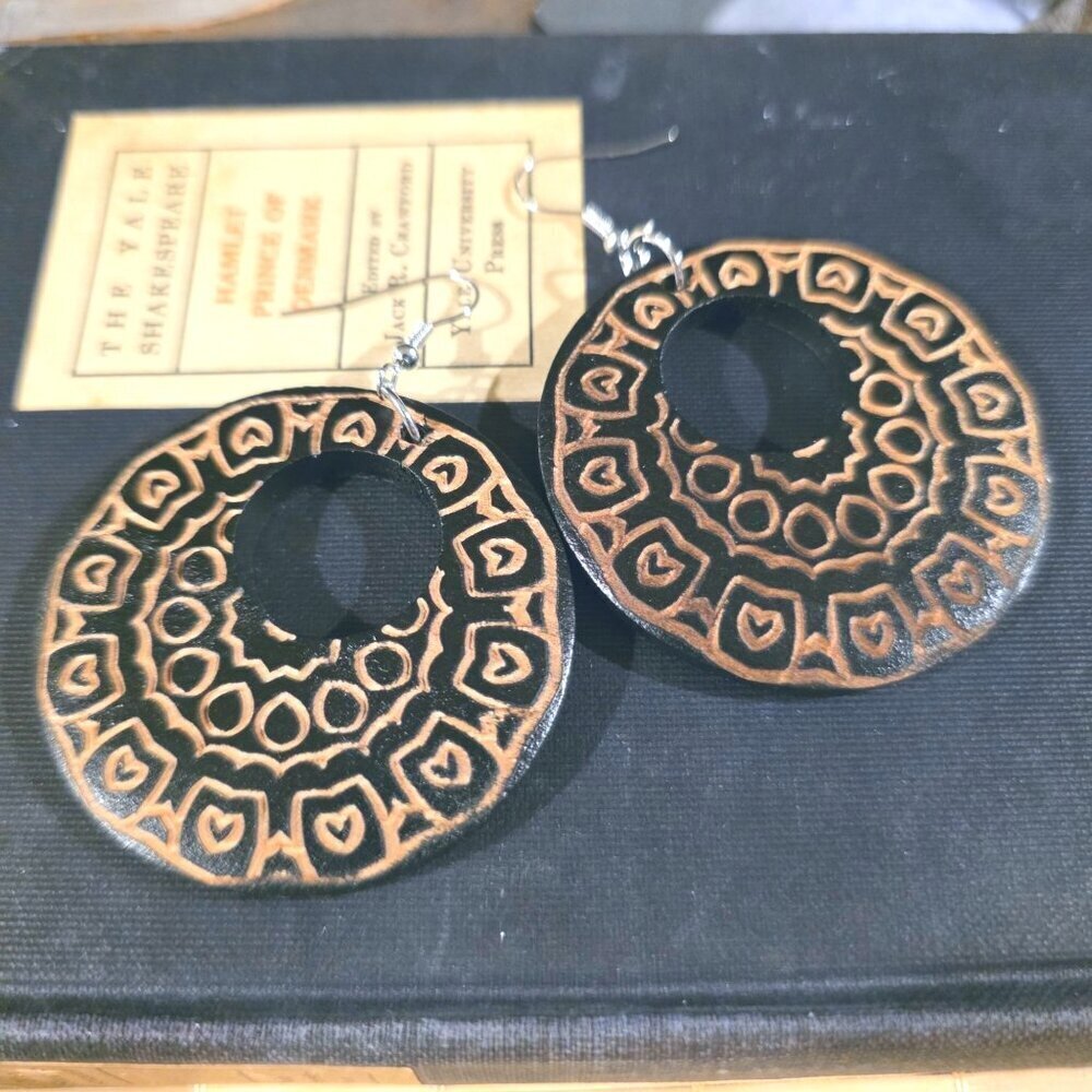 Tribal Style Geometric Abstract Black Tan Laser Etched Handmade Wood Earrings